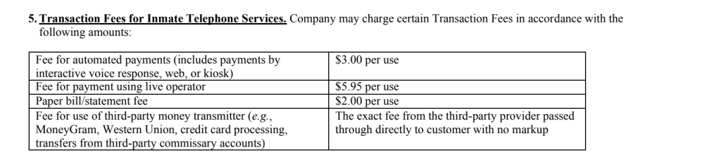 A screenshot of a contract detailing the transaction fees for inmate telephone services. Fees are as high as .95 per transaction.
