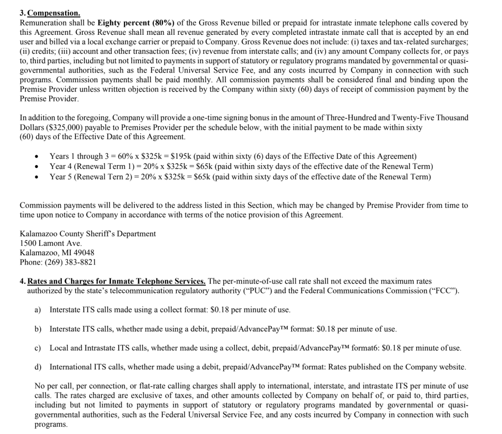 A screenshot of a contract detailing the rates and charges for inmate telephone services. Rates start at 18 cents per minute.