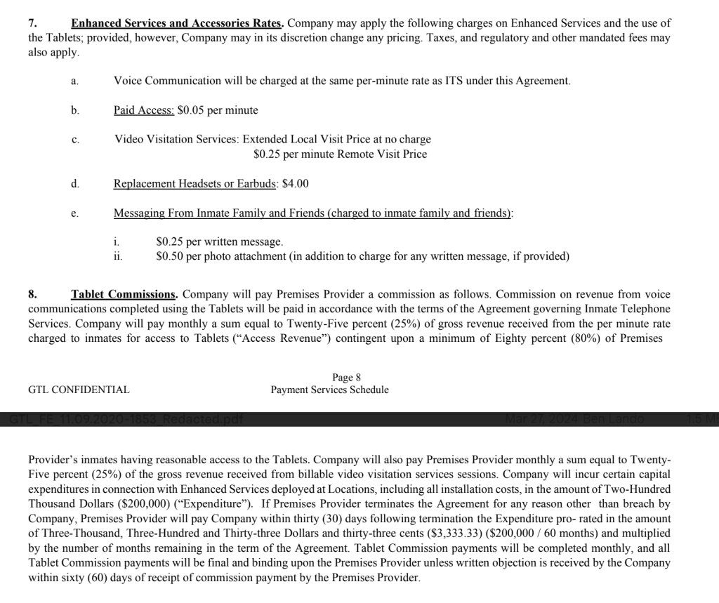 A screenshot of a contract detailing the rates for enhanced telephone services for jail inmates. For example, text messages are billed at 25 cents per message.