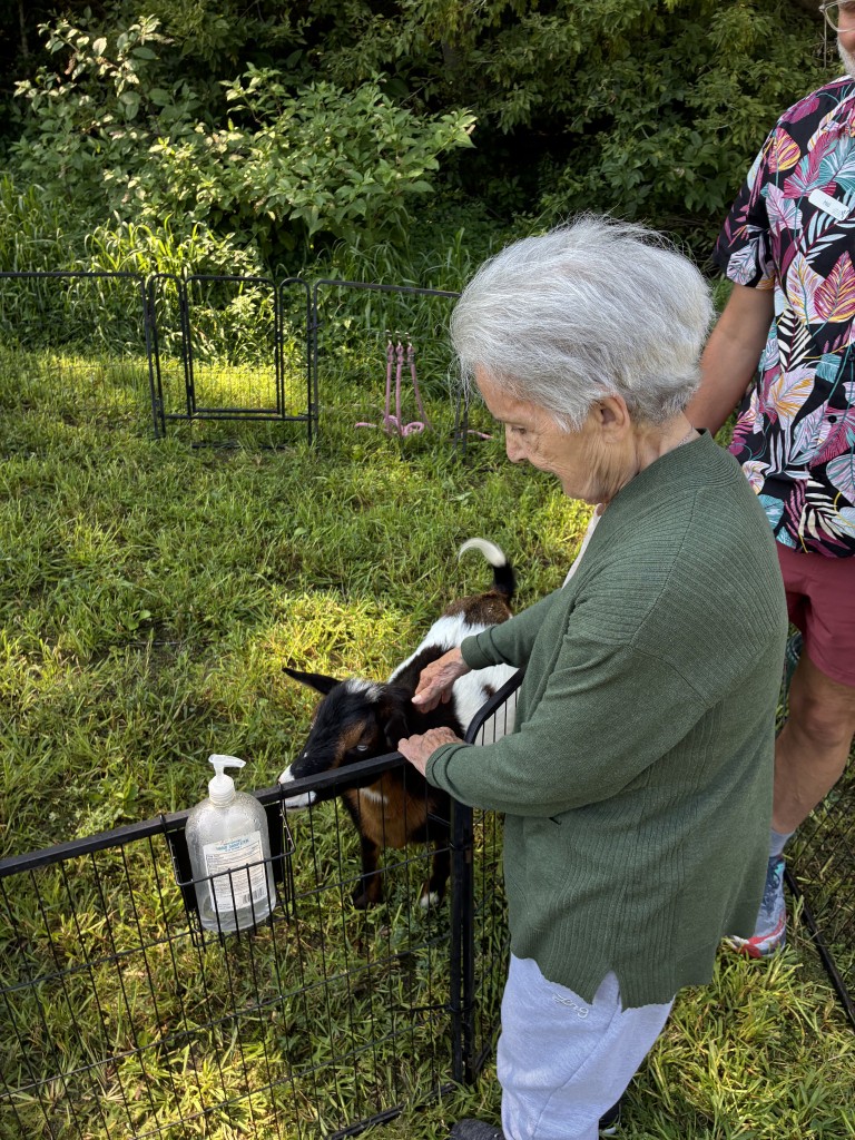 Nonprofit Spotlight: Wilbur and Charlotte Courter Memory Center 6 An older woman pets a goat from outside a paddock.